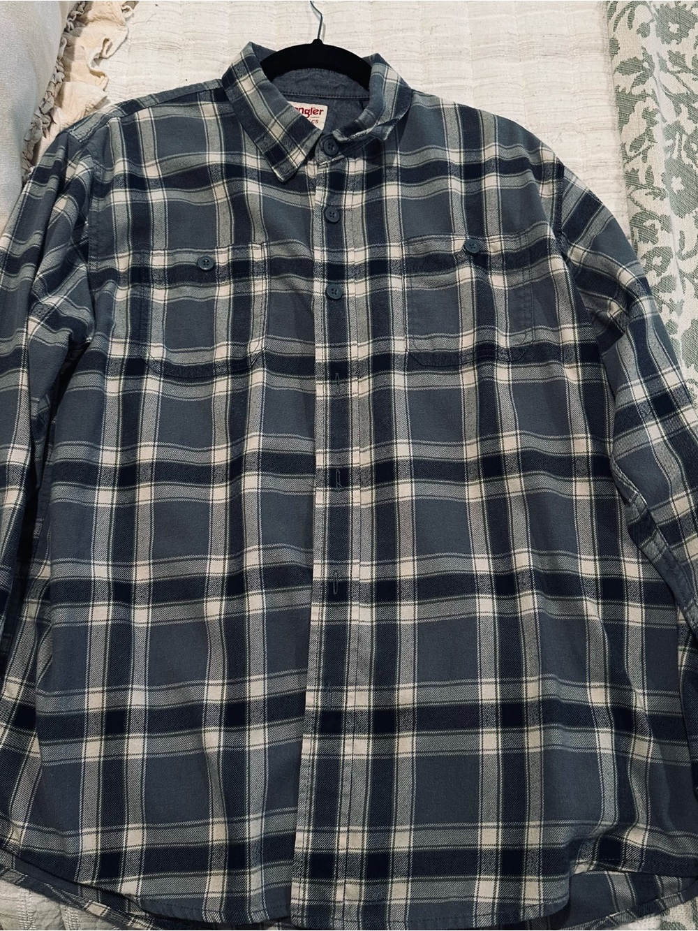 Wrangler Men's Blue and Cream Plaid Button-Down Shirt